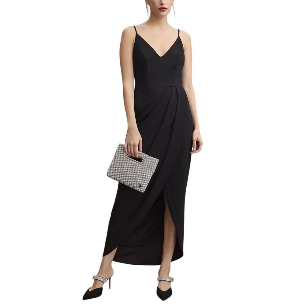 BHLDN Lyra Caron V-Neck Faux-Wrap Midi Dress Black Crepe Formal Black-Tie Sz 0
